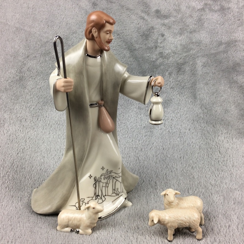 HAWTHORNE VILLAGE Nativity Crèche Silver Shepherd and His Flock with Sheep